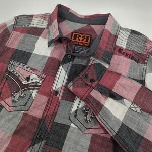 Rock Revival Western Shirt Mens Large Red Plaid Embroidered Designer Button Up